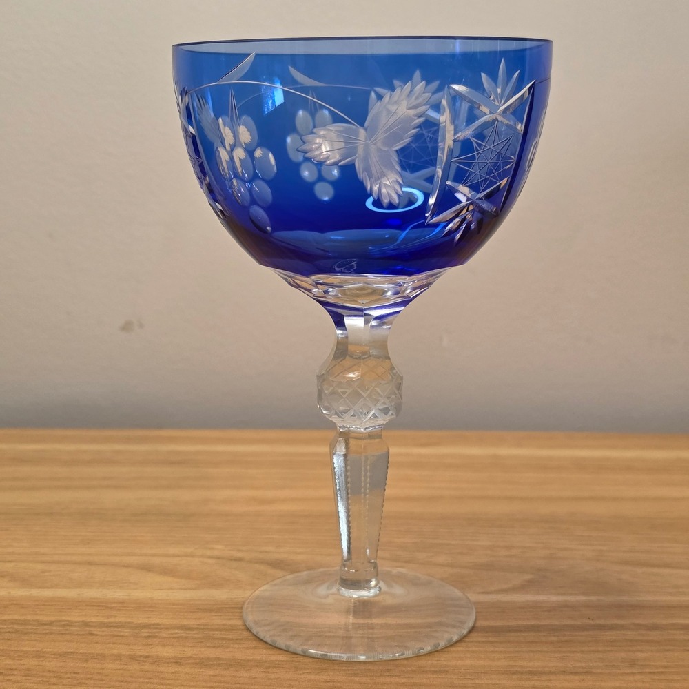 Vtg Hortensja Bohemian Blue Champagne‎ Tall Sherbet Glass Cut to Clear Crystal